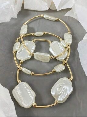 Anthropologie Gold-Tone Bracelet Set with Irregular Pearlescent Stones - White